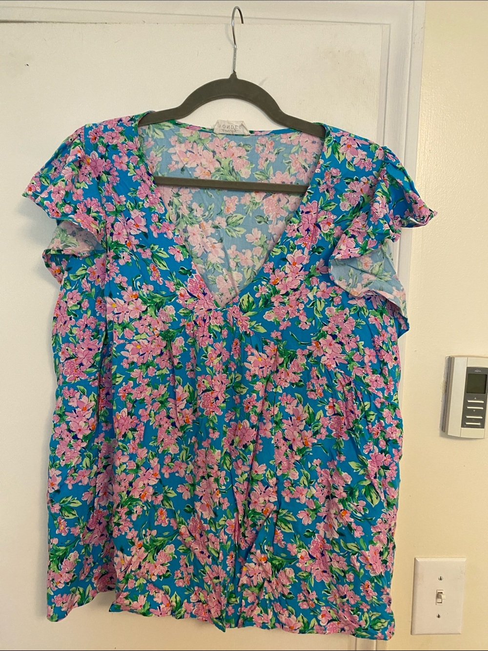 Floral V-Neck Flutter Sleeve Top - Blue & Pink